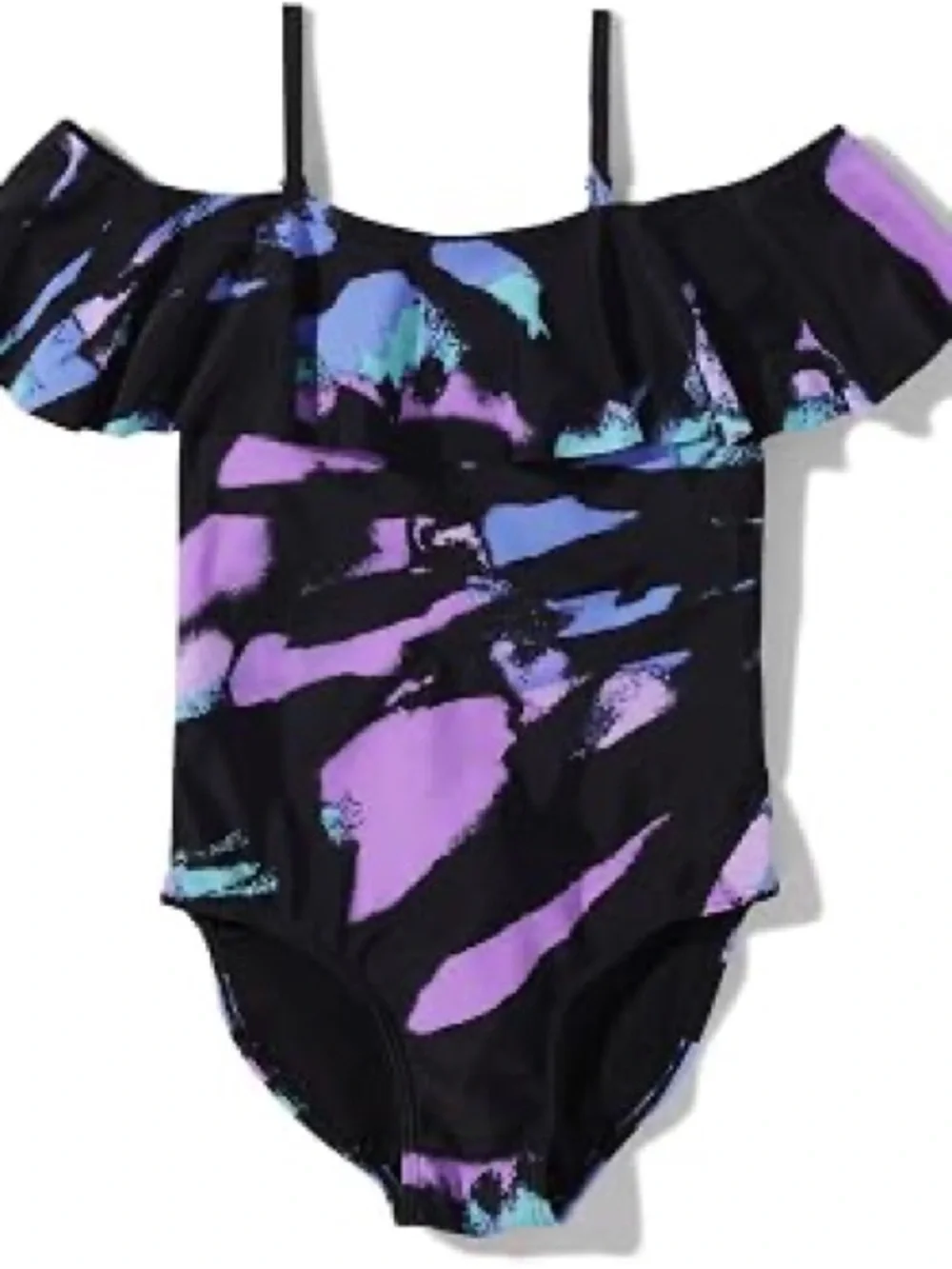 Girls Black One-Piece Swimsuit with Purple and Teal Print